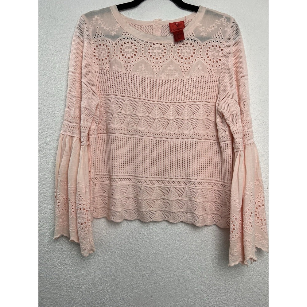 V Cristina Powder Pink Bell Sleeve Eyelet Lace Open Knit Blouse Sz M Hippie Boho